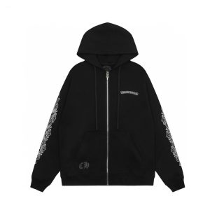 Chrome Hearts Horseshoe Floral Cross Sleeve Zip Up Hoodie Black/White